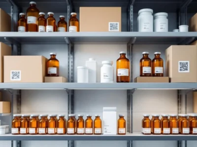 A pharmaceutical warehouse with labelled stock shelves and a secure controlled drugs cabinet in the foreground