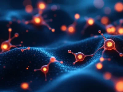 Schematic illustration of CB1 and CB2 cannabinoid receptors on a neuron synapse