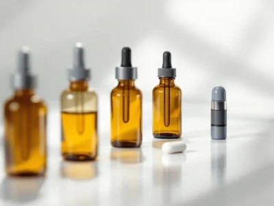 Comparison of medical cannabis formulations including flower jar, oil dropper bottle and softgel capsules